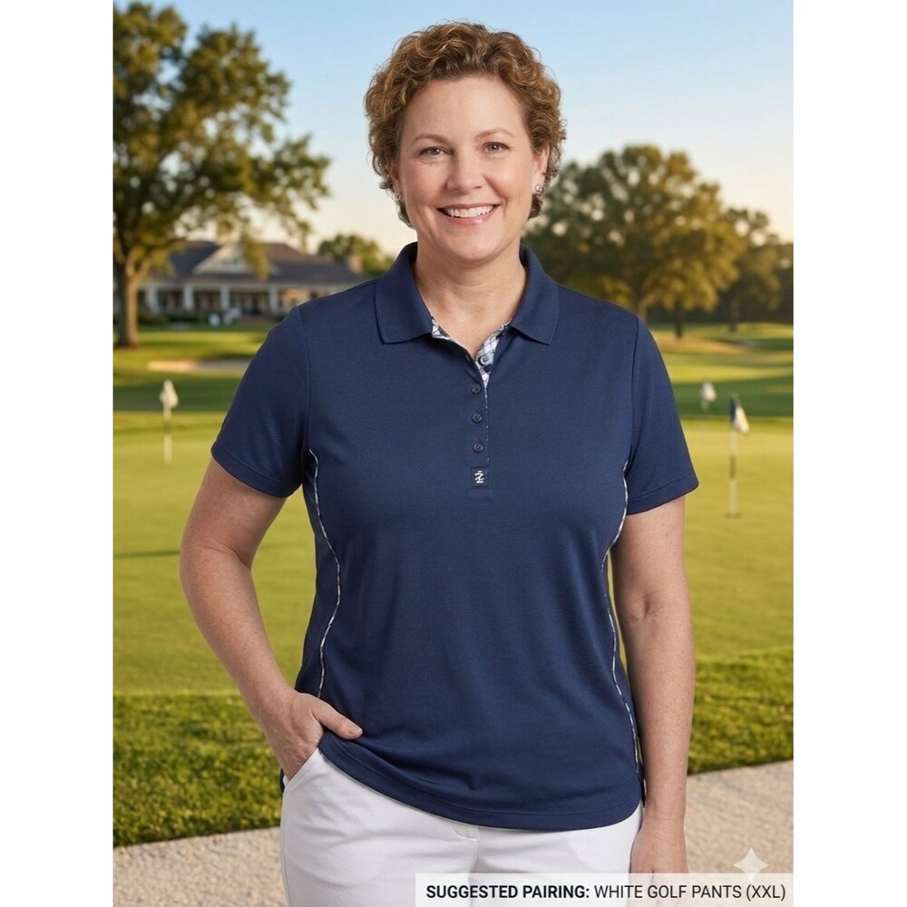 IZOD Golf Women's XXL Navy Blue Performance Polo Plaid Trim Sporty Top